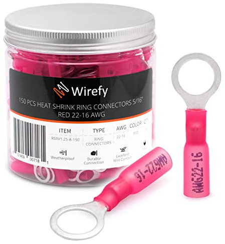 Wirefy 150 PZ Connettori Occhiello M8 - Kit Terminali Anello Termoretraibili - Capicorda Elettrici Crimpare - Rosso 0,34-1,5 mm²