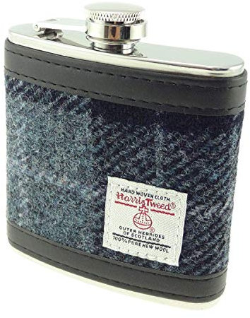 Authentic Harris Tweed Hip Flask Scottish Traditional Black & Grey Check COL 95