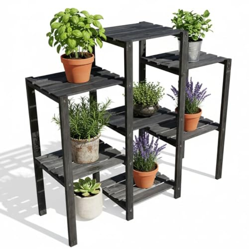 Melko Pflanzentreppe Blumenregal Blumenständer 7 Ebenen 97x31x87 cm Schwarz | Pflanzenständer aus Fichtenholz, wetterbeständig, platzsparend für Balkon und Terrasse, für Kräuter und Sukkulenten