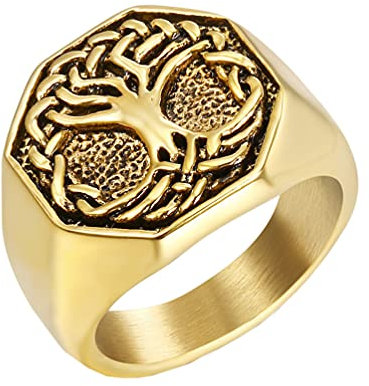 PAURO Herren Edelstahl Ring Einzigartiger Sechseckiger Lebensbaum Lesezeichen Band Vintage Stil Gold Schwarz Größe 54 (17.2)