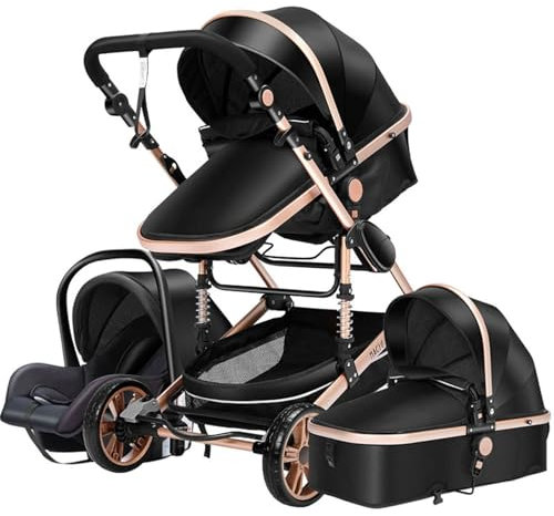 Magic ZC Kinderwagen 3 in 1, Kombikinderwagen 3 in 1 Komplettset mit Umkehrbarem Zwei-Wege-Schub, Buggy mit Zubehör Hohe Landschaft, Faltbarem Tragbarem One-Click-Design (739 Black Gold)