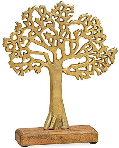 matches21 Baum Aufsteller Dekoration aus Metall Holzsockel Skulptur Dekofigur Gold braun Deko 1 STK 22x27x5 cm