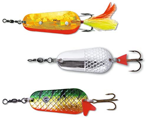 Zebco Premium Trophy Classic Spoon 2 Blinker-Angelköder-Set mit 3 Farben Angeln auf Raubfisch Spinnfisch-Angelset Angelzubehör, barsch, Silber, firetiger, 30 g