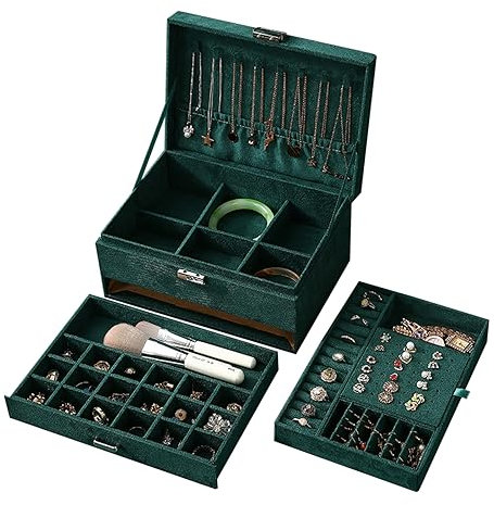 LCOZX 3 Layers Jewellery Box with Lock, Jewelry Organiser Box for Storing Rings/Bracelets/Earrings/Necklaces, Ring Box for Women and Girl (Dark Green, 24.2x17x11.5CM)