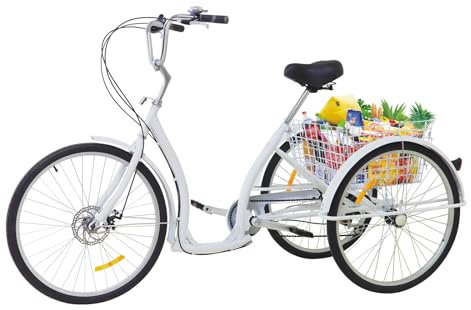 SanBouSi 26 Zoll Fahrrad Erwachsenen Dreirad Cityräder 6 Geschwindigkeit 3 Rad Fahrrad Dreirad mit Korb Rahmen aus Aluminiumlegierung Weiß