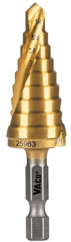 Klein Tools 25963 Step Drill Bit, 1/4 to 3/4-Inch, Spiral Double-Fluted, Cuts Thin Metal, Plastic, Aluminum, Wood, 1/4-Inch Hex Shank, VACO