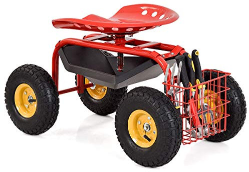 IRONMAX Garden Cart with Seat, Heavy Duty Gardening Work Stools w/Height Adjustable Seat & 10’’ Large Wheels, Rolling Garden Scooter for Outdoor Lawn Yard Planting (Red)