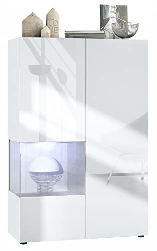 Vladon Vitrine Morena V2, Made in Germany, Standvitrine mit 2 Türen und Glaseinsatz, Korpus Weiß matt, Fronten Weiß Hochglanz, Cube Beton Oxid Optik inkl. LED-Beleuchtung Weiß (91,5 x 136,5 x 37 cm)