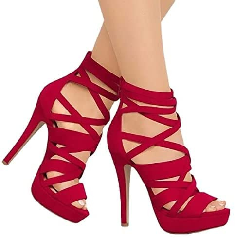 Liuyuetao Damen Open Toe High Heels Plateauschuhe Sexy Ankle Cutout Strap Stiletto Kleid Sandalen Reißverschluss hinten Wildleder Stiletto Heels