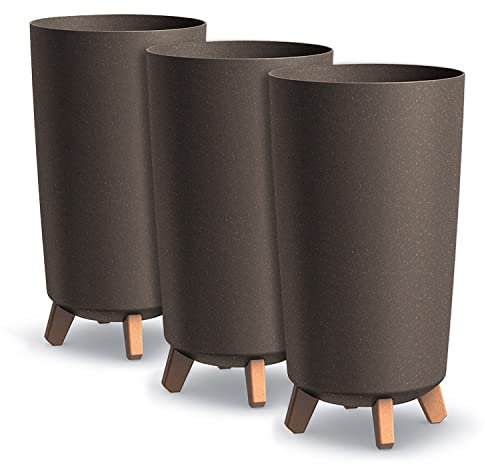Set di 3 Vasi per Fiori Piante Tondi Gracia Tubus Slim ECO WOOD In Plastica e 33% Legno Ø23,9x44,5cm Da Interno Esterno Caffè Volume 19 Litri Design Moderni