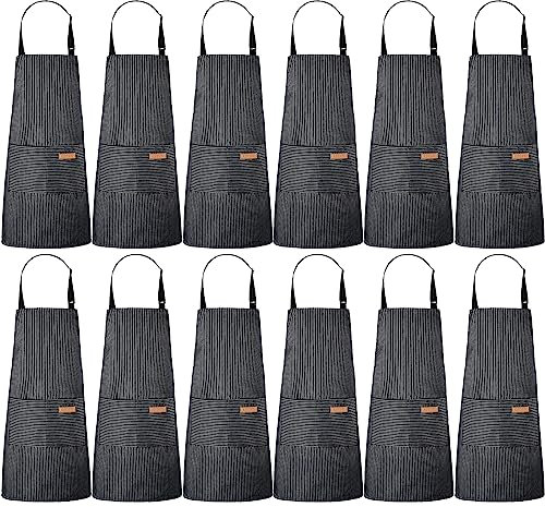 Handepo 12 Pcs Cotton Aprons for Women Men with Pockets Soft Adjustable Bib Stripe Aprons for Cooking Kitchen Chef(Black,Thin Stripes)