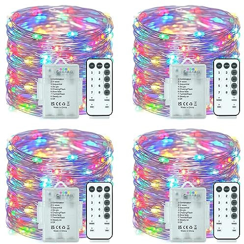 Avyvi LED Fairy Lights Battery Operated, 8 Modes 120 LED String Lights Silver Wire Waterproof Fairy Lights Bedroom Decorations Indoor Outdoor Halloween Lights (120LEDs/12M/40FT/Pack) (Multicolor, 4)