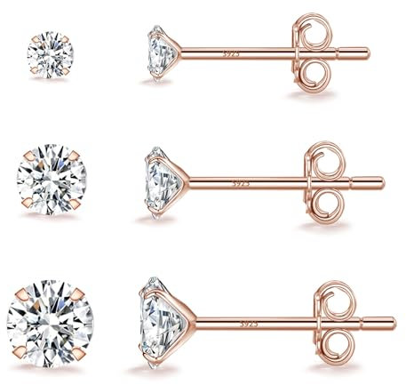 Shuxin Sterling Silver Stud Earrings for Women, Set of 3 Pairs Rose Gold Plated Small Diamond Earrings, Tiny Cubic Zirconia Stud Earrings Set Hypoallergenic Sleeper Earrings 3, 4, 5mm