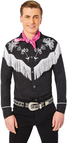 Barbie The Movie Ken Rodeo Cowboy Country Western Herren Kostüm Hemd Schwarz und Bandana, Größe:M