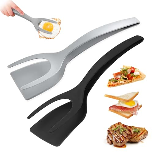 KJG Spatule à œufs au plat 2 en 1 - Spatule à œufs au plat - Multifonction - Haute résistance à la température - Pour retourner omelette, crêpes, steak, poisson et œuf (noir et gris)