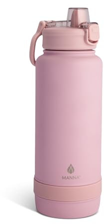 Manna Push Stainless Steel Bottle with Push-open Locking Lid and Sipping Spout - 40 Oz - Rose Powder Coat