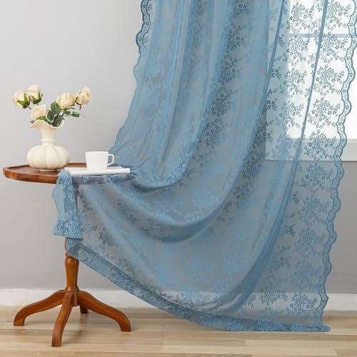 Dusty Blue Vorhänge, 213 cm lang, 2 Paneele, Vintage-Stil, florale Spitze, durchscheinend, Fenstervorhänge, Stranddekoration, für Schlafzimmer, Wohnzimmer, Flur, Türen, Stangentasche, B 132 x L 213