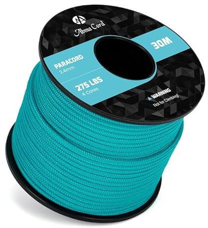 Abma Cord Paracord 275 Nylon Seil 2,4mm 30m Schnur mit 4 Kern für Basteln, Camping, Survival - Max. 125kg (275lbs) - Türkis