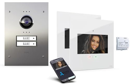 m-e iP Video-Türsprechanlage Unterputz mit Edelstahl-Frontplatte für 2-Familienhaus | 7“ Design-Innenstation flach weiß | Türklingel mit Kamera 4-Draht Freisprechanlage Video Sprechanlage VDV-9211 W