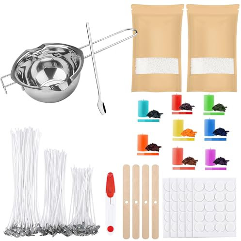 ALLAVA Kerzen Selber Machen Set, DIY Set Erwachsene, Kerzenwachs 1 KG, Wachsschmelztopf, 100 Kerzendochte, 8 Kerzenfarbe, Kerzen Aufkleber, Dochthalter, Candle Making Kit für Erwachsene und Kinder