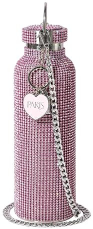 FACKELMANN Paris Hilton Gourde rose pailletée de 750 ml avec corps en acier inoxydable et strass - Bouteille d'eau avec pendentif en métal et chaîne de transport amovible