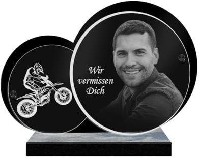 ETERNEL - Personalisierte Grabplatte Doppelkreis Moto Cross Foto und Text anpassbar, lasergravierte Grabplatte für Hommage, Friedhofsplatte, Grabstein, Beerdigung, Bestattung