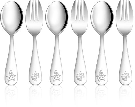 Homikit Kinderbesteck Set, 6-teilig Edelstahl Kinder Besteck Set mit Gravur für Jungen Mädchen, 3 Kinderlöffel & 3 Kindergabeln für Kleinkinder ab 1-3 Jahre, Rostfrei & Gesund, Spülmaschinenfest
