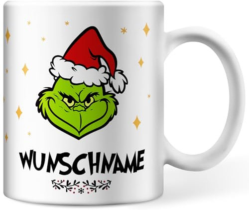 Deqosy Grinch Tasse personalisiert mit Namen, Weihnachtstasse als Geschenk für Sie & Ihn, Wichtelgeschenk, Keramik, Tasse, 0.33 Liter, Zuhause, Weihnachten
