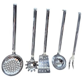 Set di 5 Utensili da Cucina in Acciaio Inox 18/10, Mestoli, Schiumarola, Spatola Forata, forchettone, mestolo spaghetti kit mestoli