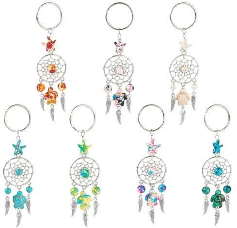 Sparkeads Lot de 7 porte-clés attrape-rêves bohème en métal avec perles turquoises en forme de tortue et d'étoile pour la fabrication de bijoux pour femme, portefeuille, sac à main, accessoire
