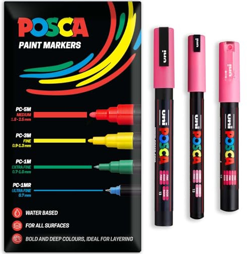Posca - Stylo-feutre à peinture permanente à base d'eau - Utilisation sur plusieurs surfaces - PC-1MR, PC-1M, PC-3M - Lot de 3 stylos dans un étui (Rose)