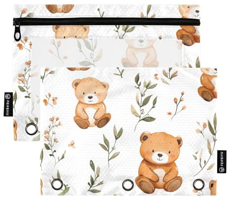 Foiosoh 2 pack Nette Bär und Pflanze Weiß Binder Bleistift Taschen Große Klar Top Binder bleistift tüten für Schule Schreiben Utensilien Lagerung Liefert