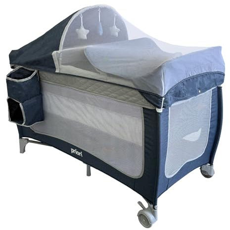 Priori Baby Zus Cuna de Viaje Plegable 4 en 1 para Bebé - con Cambiador, Mosquitera, Juguetes, Ruedas con Freno, Bolsa Transporte, 0-3 Años hasta 15 kg (Gris)