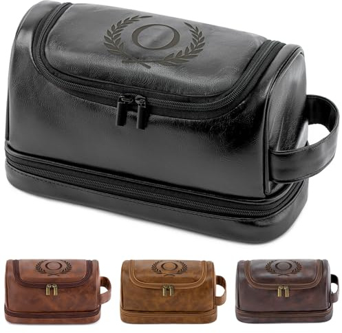 Aganmi Reise-Kulturbeutel für Herren, personalisierbar, aus PU-Leder, wasserdicht, für Trauzeugen, Weihnachten, Geburtstag, Geschenke für Männer, Vater, Ehemann, Sohn, Freund, Schwarz O
