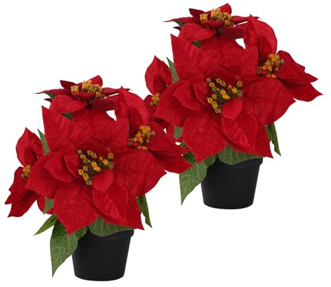 MELAJIA Poinsettias Flowers Artificial 2 Pack Red Faux Christmas Poinsettia Plant Small 28CM Winter Flowers for Home Office Table Decorations Indoor Outdoor Xmas Ornament
