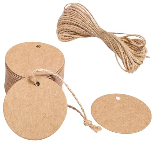 100 Pezzi Etichette Carta Kraft, 5 cm Tag Regalo Rotonde, Etichette Cartoncino con 10 m di Spago di Iuta per Artigianato Matrimonio Bomboniere Natale (Marrone)