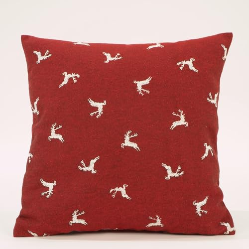Jacquard Hirsch Kissenbezug Landhaus Hirschmotiv - Kissenhülle, Alm, Hütte, Pension, Kopfkissen, Dekokissen, Sofakissen, Couchkissen, Weihnachten, Winter, Jäger, Geschenk (Creme auf Rot, 30 x 30 cm)