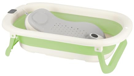 Babybadewanne Faltbar mit Standfuß & Thermometer – Baby Wanne Ergonomisch, Platzsparende Badewanne für Zuhause & Reise(Grün)