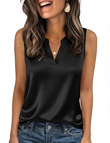Zeagoo Débardeur en Satin pour Femme sans Manches Col en V Chemisier Haut | Été Chic et Élégant Tank Top Décontracté Caraco Basique Ample T-Shirt S-XXL