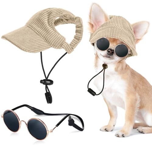 Jadive Hunde Sonnenhut Sonnenbrille mit Ohrlöchern für Katze, Khaki, S | Hunde Kleine mit Rutschfestem Silikonband, Verstellbare Baseballmütze für Haustier, Sommer Sonnenschutz, Foto Requisiten