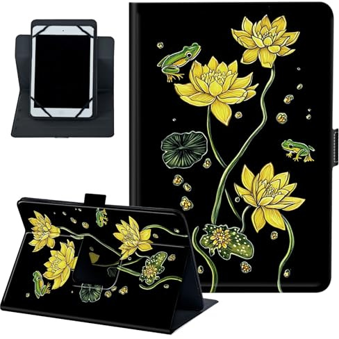 Universal Tablet Case 8–9 Inch, PU Leather Folio Stand Cover, 360° Rotating Kickstand Protective Case with Multi-Angle Viewing for Android Tablets，Yellow Water Lilies and Frog