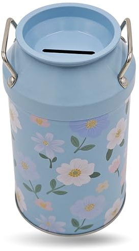 Spardose Milchkanne Flowers Runde Plug-Lid Dose mit Sparschlitz aus elektrolytischem Weißblech Maße: Ø 8,6cm x Höhe 14,0cm