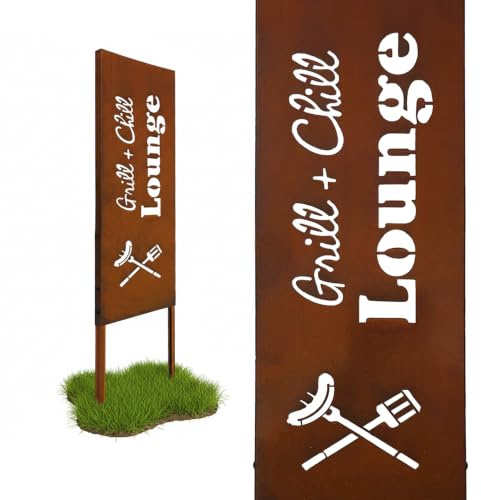 Relaxdays Edelrost Gartendeko, Grill & Chill, HB: 85 x 28 cm, Gartenstecker wetterfest, zum Stecken, Eisen, braun