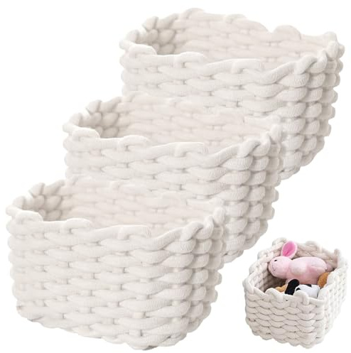 3 Stück Aufbewahrungskorb Baumwolle - Weiß Geflochten Körbchen Aufbewahrung, 18x14x13cm Körbchen Aufbewahrungskorb, Dekor Häkelkorb Geflochtener Korb für Schränke, Küche, Schreibtisch, Schminktisch