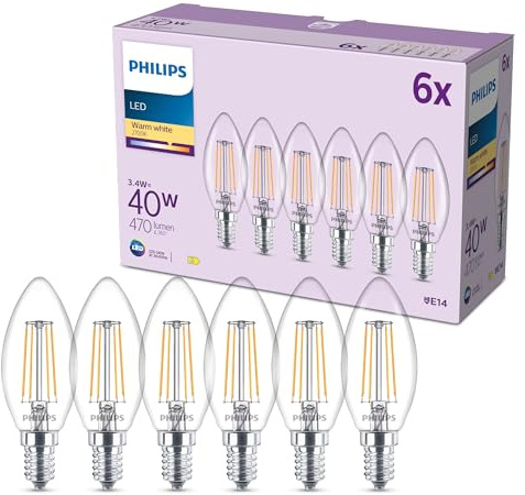 Philips LED Leuchtmittel, 6er-Pack, B35, E14, 470 Lumen, 40 W, Kerzendesign, Lange Lebensdauer, Warmweißes Licht 2.700 K, Klare Lampe