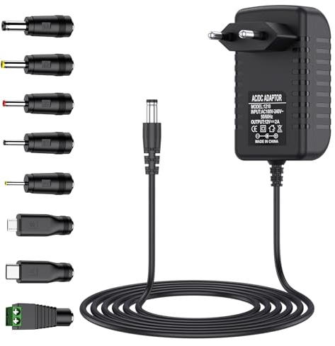 Adaptateur Secteur 12V 2A Alimentation AC220V 230V vers DC12V Pilote 5.5mm avec 8 adaptateurs de Prise 2000mA 1000mA 500mA convertisseur Chargeur AC-DC (~2A)