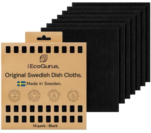 The EcoGurus Swedish Dishcloths, Reusable Cleaning Cloths, Black, 10 Pack | Made in Sweden, Super Absorbent, Odour-Resistant, Long-Lasting, Replaces 150+ Paper Towels, Machine Washable