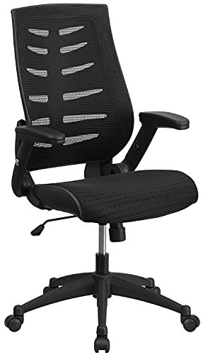 Flash Furniture Designer-Chefsessel, hohe Rückenlehne, Mesh, drehbarer, ergonomischer Bürostuhl mit höhenverstellbaren Klapp-Armlehnen, Metall, Schwarz, 1 Stück