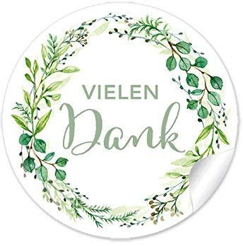 48 STICKER Vielen Dank GRÜN mit Zweigen um Danke sagen für Gastgeschenke, Hochzeitsmarmelade, Papieraufkleber 4 cm, rund, matt