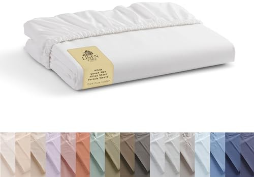 Linen Home 100% Cotton Percale Weave Fitted Sheet, Queen Size, White, 1 Deep Pocket Fitted Sheet, Fits Mattress Upto 16 Crisp and Cool Strong Bed Linen, 60X80+15